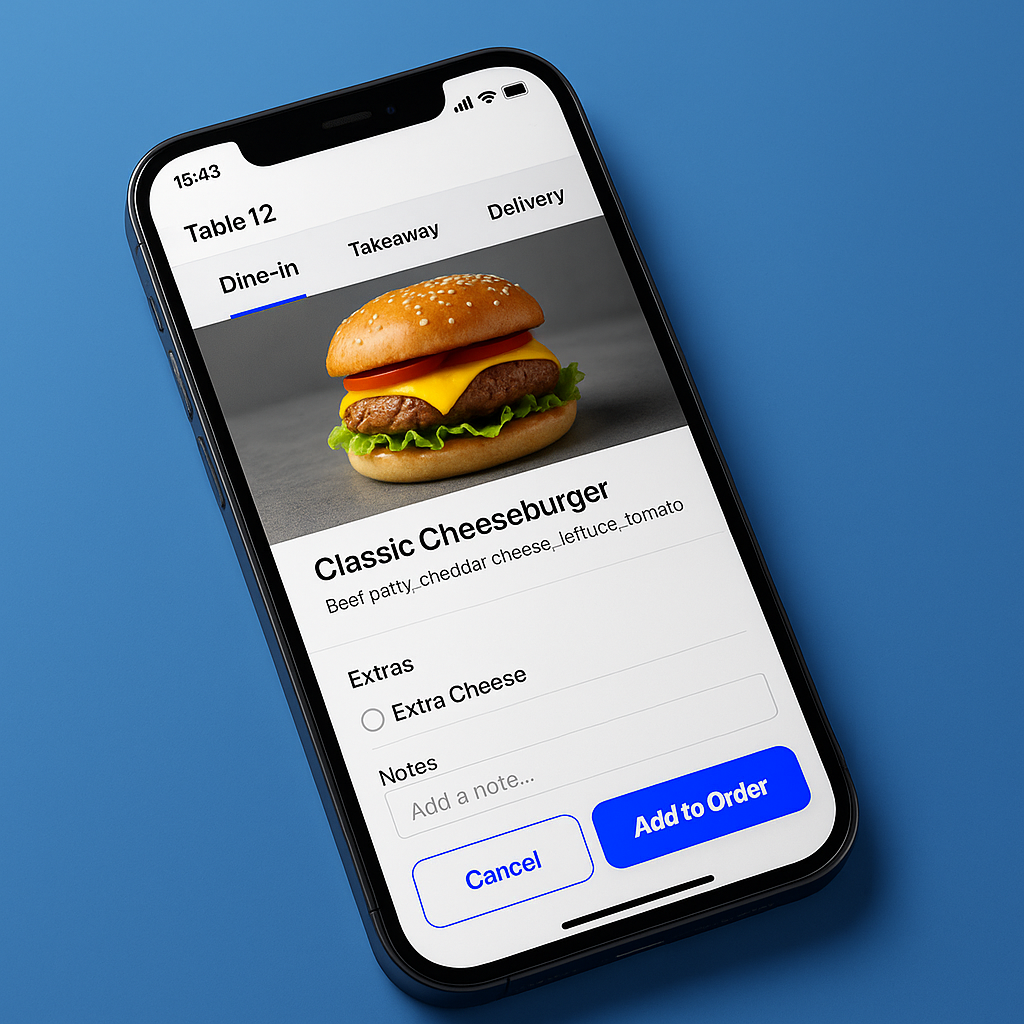 Ecrã de escolha e personalização de pedidos no telemóvel